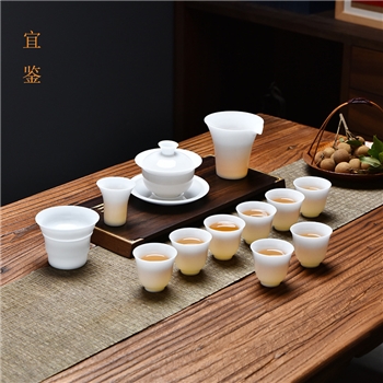 宜鉴冰种羊脂玉套装纯白德化玉瓷功夫茶具品茗杯轻奢礼盒装