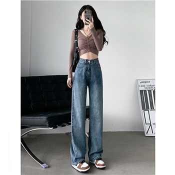复古高腰阔腿牛仔裤女秋季新款宽松显瘦百搭休闲垂感直筒拖地裤子